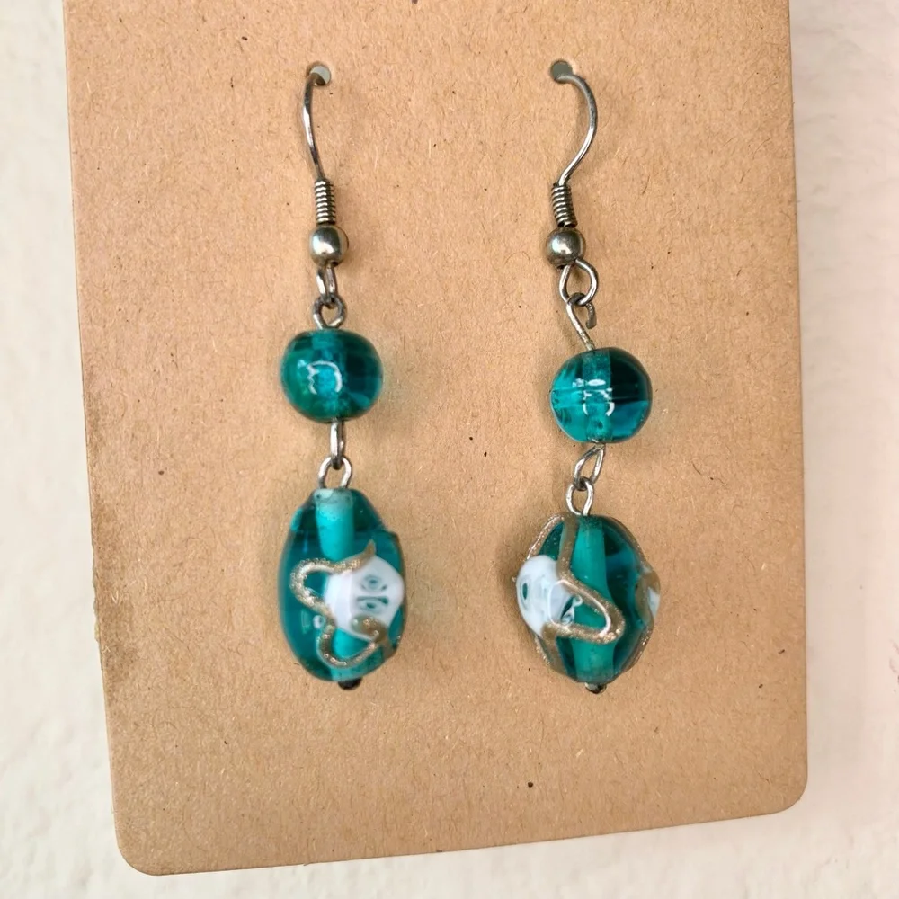 Green Bead with Gold Accent Drop Earrings - Picture 2 of 8